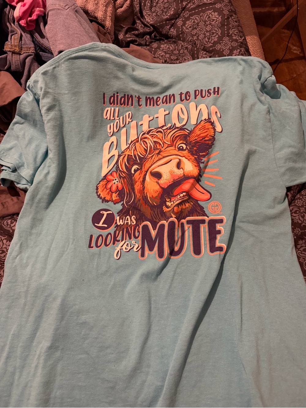 Light Blue Graphic Short Sleeve Tee with Playful Cow Illustration